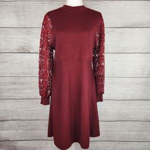 Hailey Lyn Crimson Red Lace Sleeve A-line Midi Dress